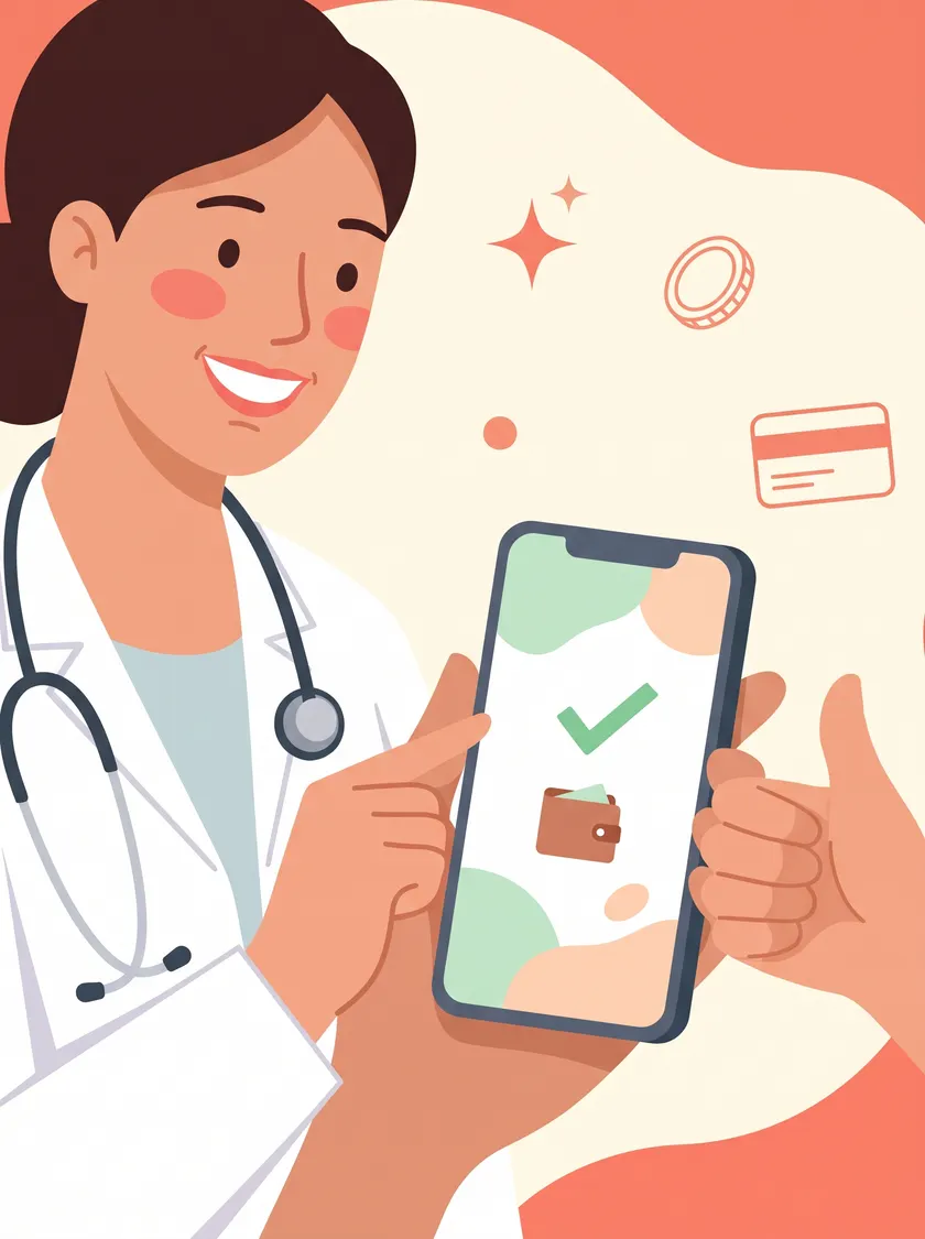 Profesional de la salud mirando en su celular un aviso de cobro recibido
