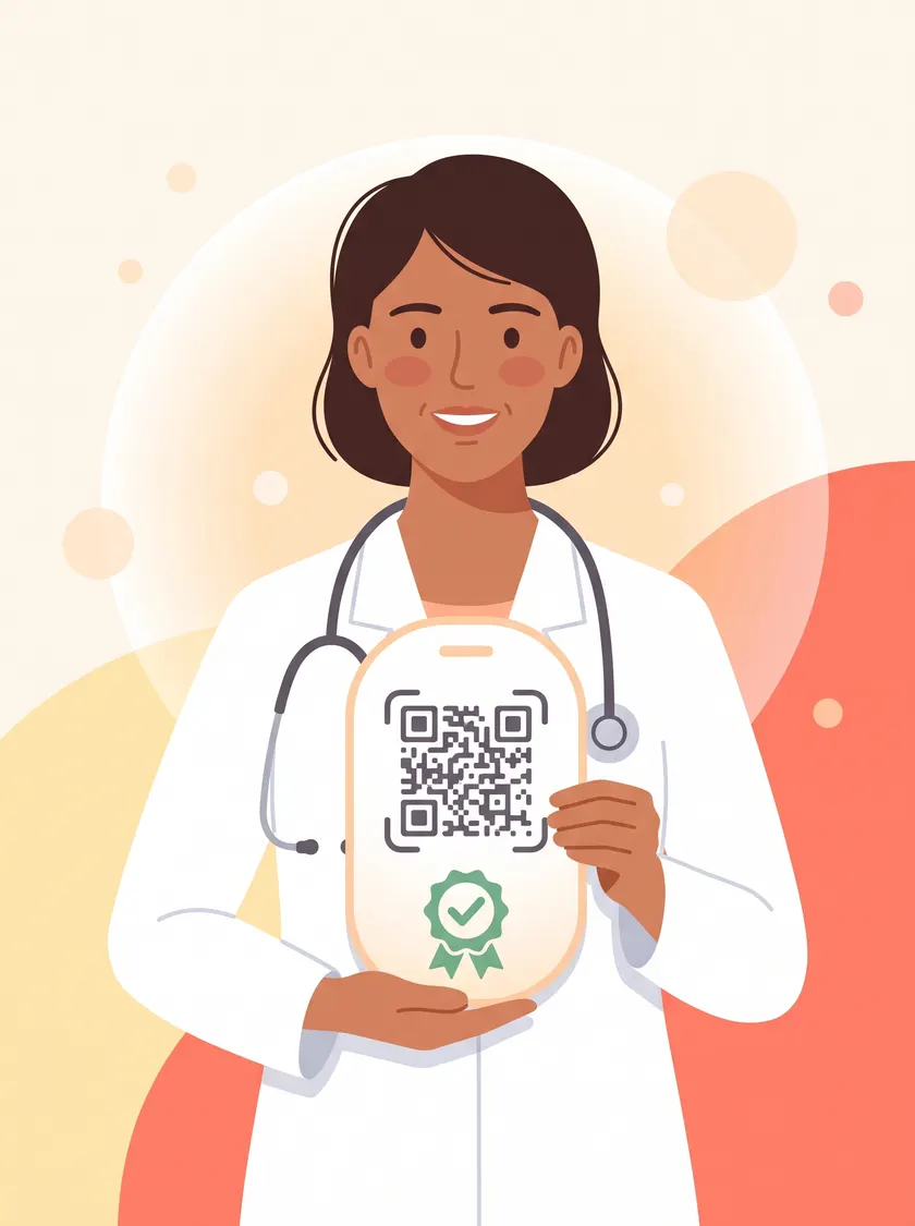 Profesional de la salud mostrando su credencial verificada con un código QR
