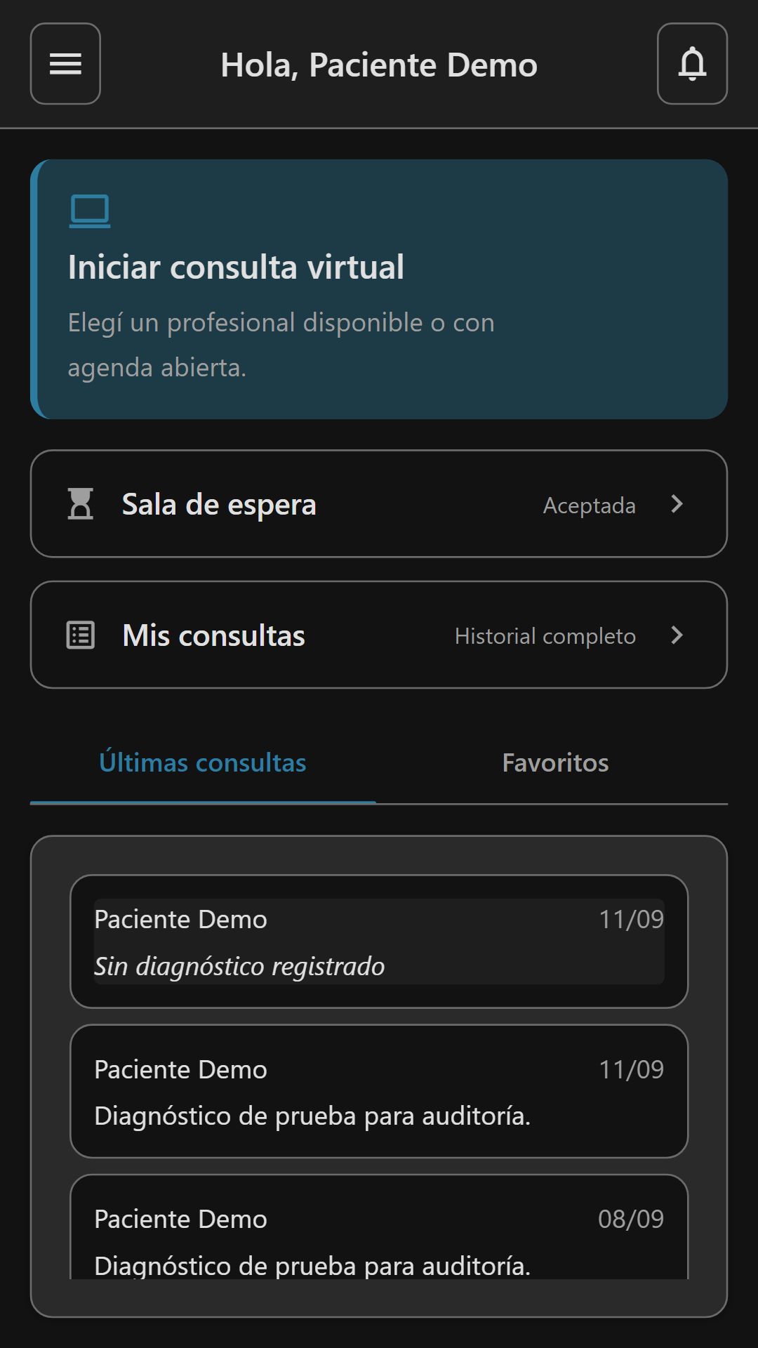 Pantalla de inicio del paciente con las próximas consultas y acceso a la lista de profesionales