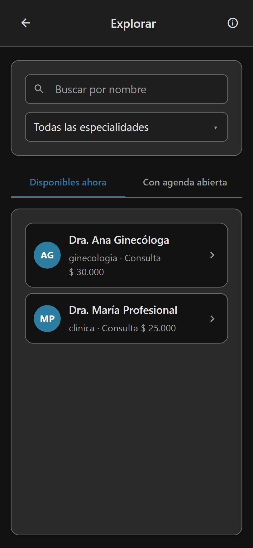 Lista de profesionales con especialidad, precio y disponibilidad