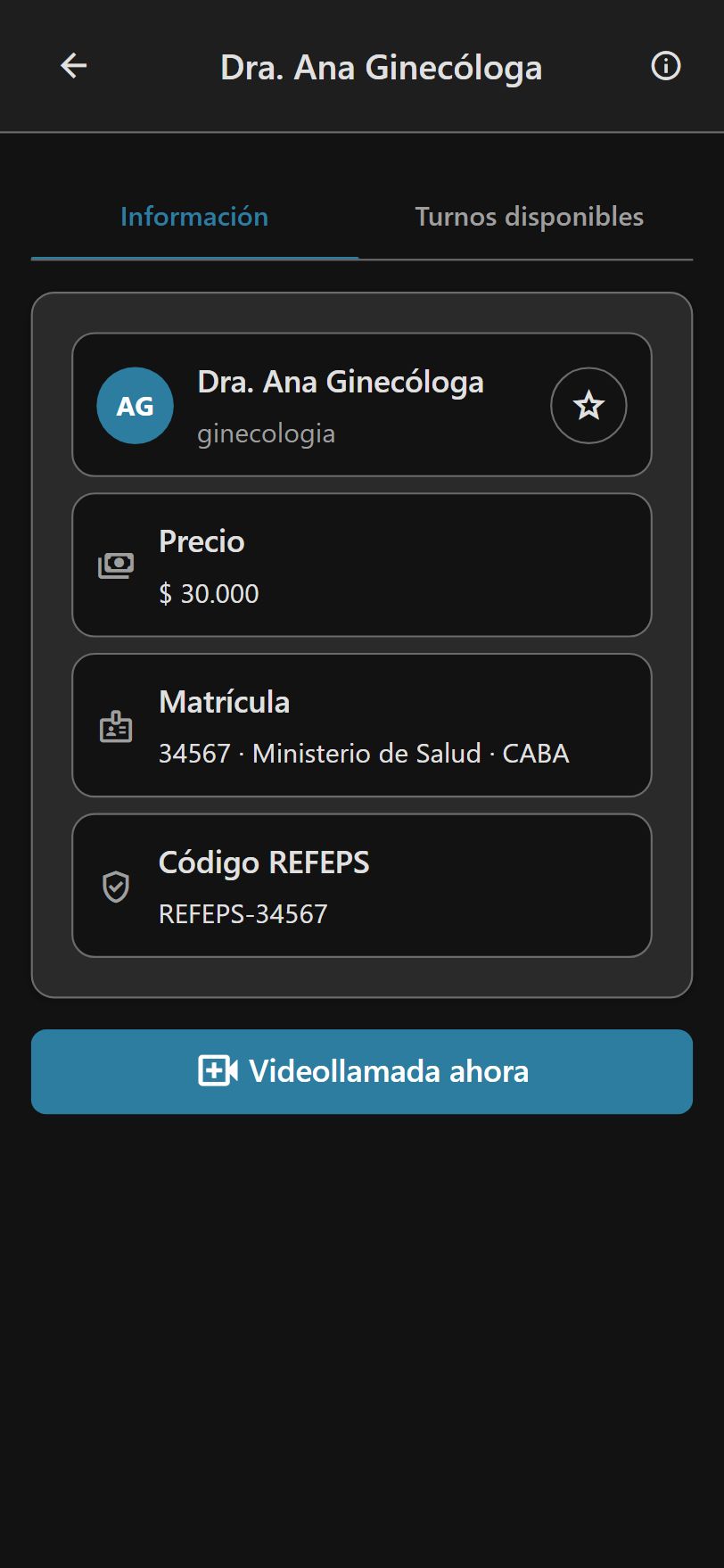 Ficha del profesional con especialidad, matrícula y precio