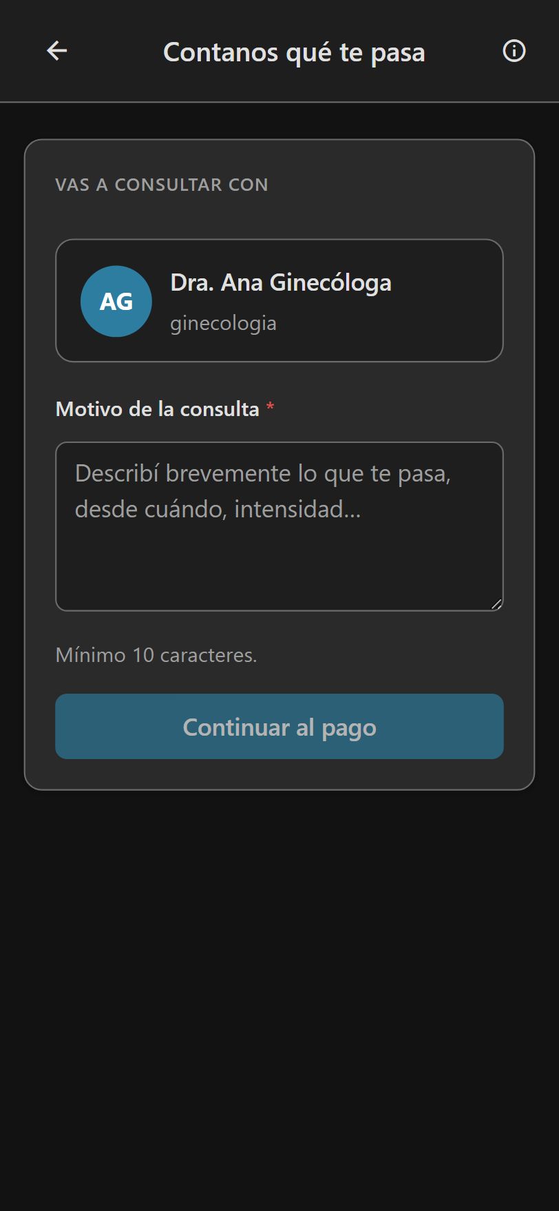 Pantalla donde se escribe el motivo de la consulta
