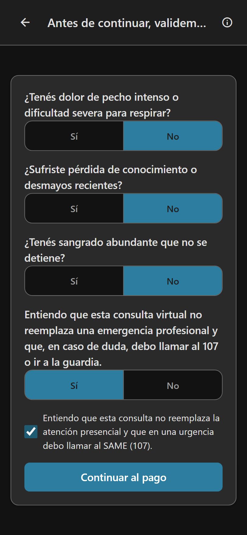Pantalla de preguntas sobre síntomas completada, sin señales de urgencia