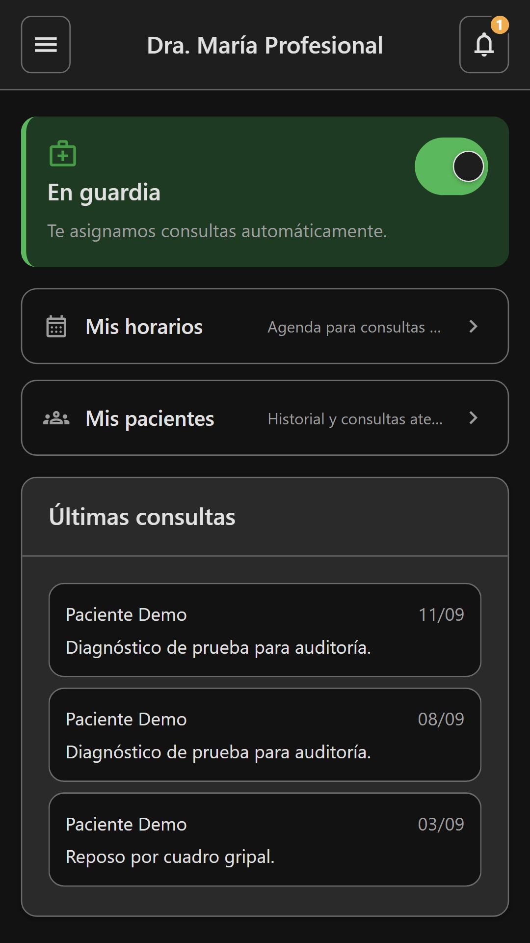 Panel del profesional con consultas pendientes y próximas